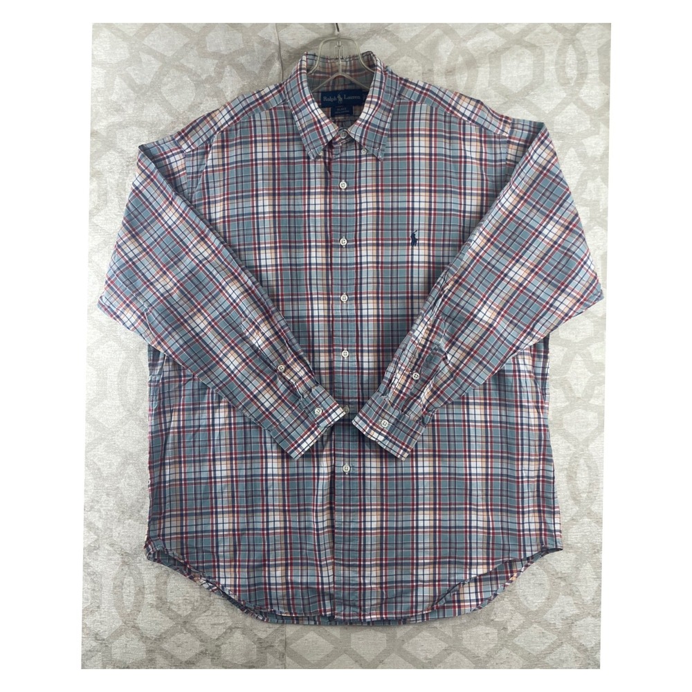 Ralph Lauren Blake Mens Large Blue Red‎ Plaid Cotton Button Shirt Long Sleeve
